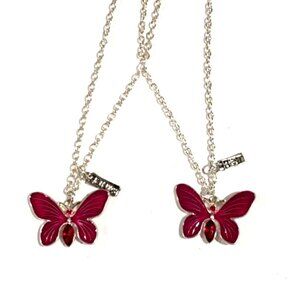 Elegant Silver Tone Pink Butterflies Best Friend Necklace - Teen Women's Jewelry